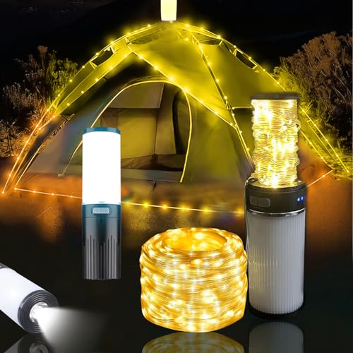 Camping Lichterkette Aufrollbar, Campinglampe mit 10M LED Lichterkette, USB Wiederaufladbare Taschenlampe, Wasserdichte Tragbare Verstaubare Lichterkette, Ausziehbare Lichterkette Camping von FUFRE