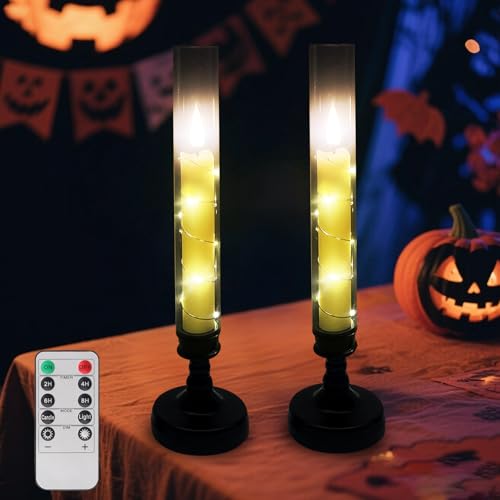 FUFRE 2 Stück Halloween LED Stabkerzen mit Fernbedienung und Timer, Halloween LED Kerzen mit Lichterketten, Flammenlose Halloween Deko Stabkerzen mit Kerzenständer für Tisch Deko (Schwarz) von FUFRE