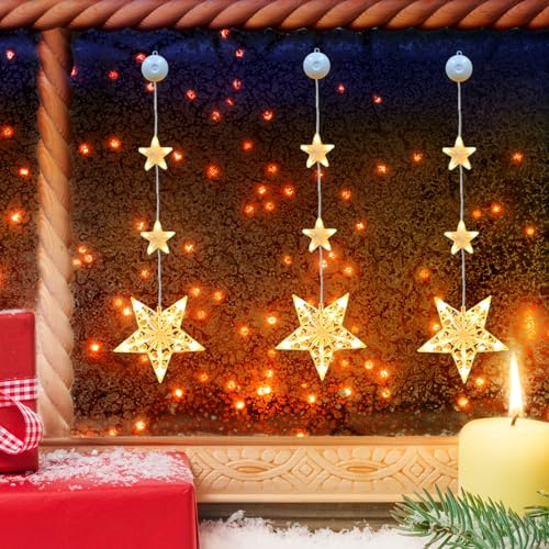 FUFRE 3pcs Weihnachtsdeko LED Sterne Mond Weihnachtsbeleuchtung Fenster Innen LED Fenster Lichterkette Batteriebetriebene mit Saugnäpfe, Warmweiß Fensterbeleuchtung Lichtervorhang Weihnachten von FUFRE