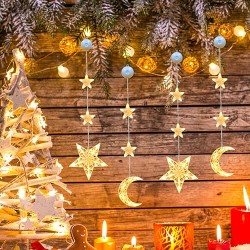 FUFRE 4pcs Weihnachtsdeko LED Sterne Mond Weihnachtsbeleuchtung Fenster Innen LED Fenster Lichterkette Batteriebetriebene mit Saugnäpfe, Warmweiß Fensterbeleuchtung Lichtervorhang Weihnachten Deko von FUFRE