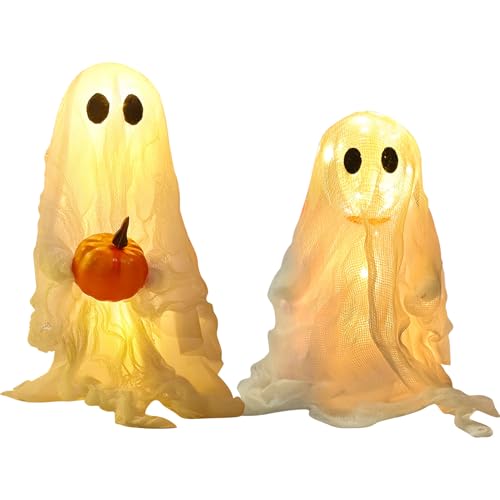 FUFRE Halloween Deko Geister, 2 Stück LED Geister Deko mit 3 Lichtmodi, Halloween Gruselige Kürbis Ghosts Leuchtender für Helloween Dekoration Innen Außen Garten Terrasse Vorhof Party (A) von FUFRE