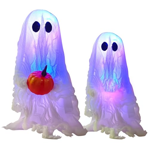 FUFRE Halloween Deko Geister, 2 Stück LED Geister Deko mit 3 Lichtmodi, Halloween Gruselige Kürbis Ghosts Leuchtender für Helloween Dekoration Innen Außen Garten Terrasse Vorhof Party (B) von FUFRE
