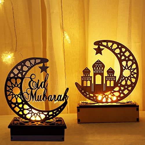 FUFRE Ramadan Deko Holz LED Lampe Mond Stern Licht Eid Mubarak Dekoration, Muslim Islam Ramadan Dekoration Halbmond Nachtlicht für Muslimische Festival Dekorative Ramadan Gebetszubehör (D) von FUFRE