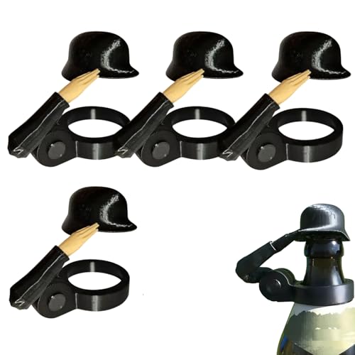 FUFRE Soldat Salut Bierflasche Helm, lustiger Salut Bierflaschen Helm, staubdicht bierflaschen helm Bierhelm wiederverwendbar, Flaschenverschluss salute Soldaten Bierhelm, für Φ 27-30 mm (Schwarz*4) von FUFRE
