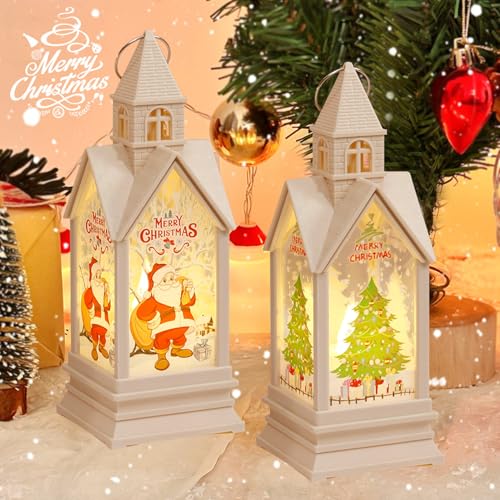 FUFRE Weihnachtsdeko Laterne Häuser, 2 Stück Weihnachtshaus Beleuchtet Windlicht Weihnachten Tischdeko Laterne, Weihnachtslaterne zum Aufhängen, Weihnachtsdekoration Innen Häuser Ornamente (A) von FUFRE