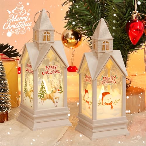 FUFRE Weihnachtsdeko Laterne Häuser, 2 Stück Weihnachtshaus Beleuchtet Windlicht Weihnachten Tischdeko Laterne, Weihnachtslaterne zum Aufhängen, Weihnachtsdekoration Innen Häuser Ornamente (B) von FUFRE