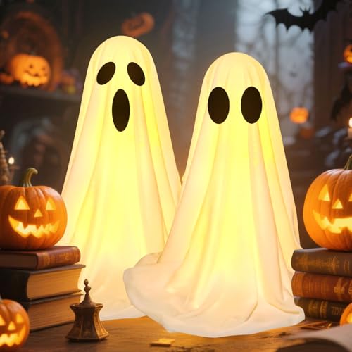 Halloween Deko Geister Hängende, 37cm 2 Stück Halloween Geister mit 6H Timer, 8 Lichtmodi, Fernbedienung, Halloween Gruselige Ghosts für Innen Außen Garten Vorhof Terrasse Zuhause Party Deko (B) von FUFRE