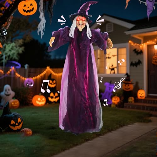 Halloween Deko Hexe Geister Hängende, 180cm Halloween Deko Outdoor Hexe mit LED Leuchtende Augen und Gruseligem Soundeffekte, Berührungssensor, Horror Hängender Hexen für Party Spukhaus von FUFRE