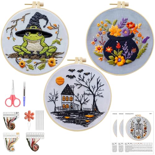 Halloween Deko Stickset Set Anfänger, 3er Set Kreuzstich Set Vorgedruckt, Halloween Dekoration Skelett Hexe Stickerei Erwachsene, Sticken Nadelspitze DIY Kit mit Stickwerkzeug für Kunsthandwerk (A) von FUFRE