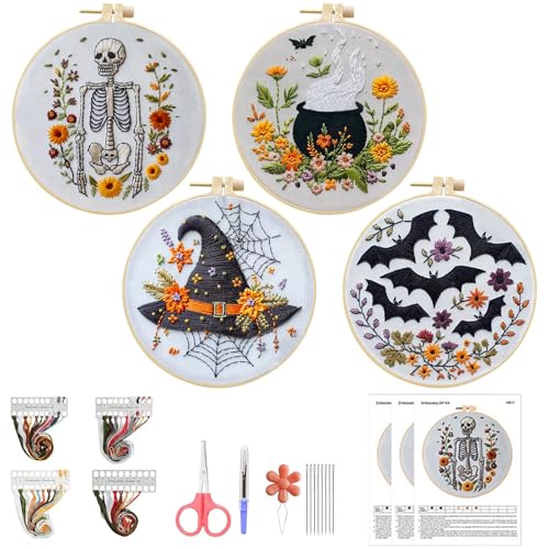 Halloween Deko Stickset Set Anfänger, 4er Set Kreuzstich Set Vorgedruckt, Halloween Dekoration Skelett Hexe Stickerei Erwachsene, Sticken Nadelspitze DIY Kit mit Stickwerkzeug für Kunsthandwerk (B) von FUFRE