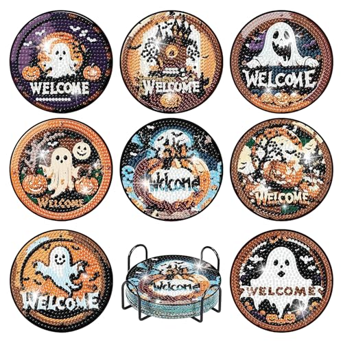 Halloween Diamond Painting Untersetzer DIY mit Halter, 8 Stück Halloween Geister Kürbis Diamant Painting Untersetzer Set, 10 cm Diamond Malerei Tassenuntersetzer Erwachsene Kinder für Tassen Halloween Diamond Painting Untersetzer DIY mit Halter, 8 Stück Halloween Geister Kürbis Diamant Painting Untersetzer Set, 10 cm Diamond Malerei Tassenuntersetzer Erwachsene Kinder für Tassen von FUFRE