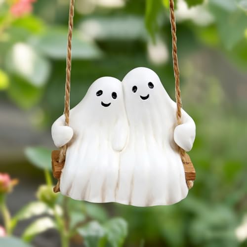 Halloween Geister Hängende, Halloween Deko Geist Statue auf der Schaukel, Paar Gespenster Deko aus Harz, Geister zum Aufhängen für Helloween Innen Outdoor Garten Baum Dekoration (B) von FUFRE