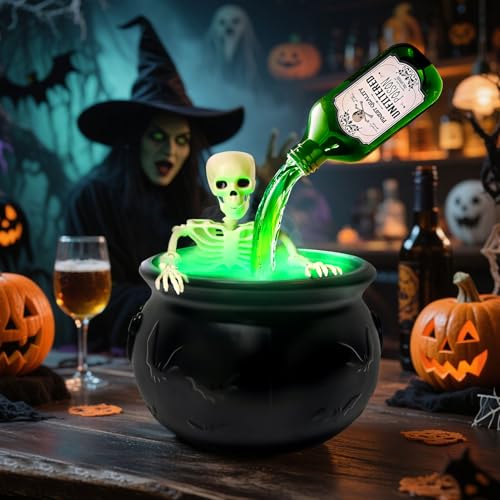Halloween Hexenkessel mit Skelett & Nebelmaschine, Geister Halloween deko Skelett mit Beleuchtung für Tischdeko, Kamin, Schreibtisch, Mantel und Zuhause (19.5cm) von FUFRE