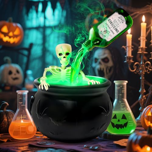Halloween Hexenkessel mit Skelett & Nebelmaschine, Geister Halloween deko Skelett mit Beleuchtung für Tischdeko, Kamin, Schreibtisch, Mantel und Zuhause (25cm) von FUFRE