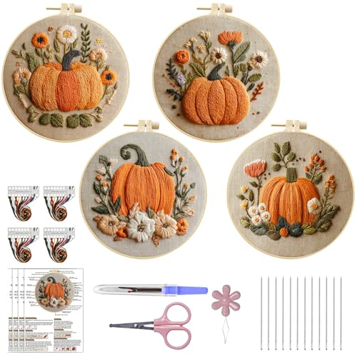 Herbstdeko Kürbis Stickset Set Anfänger, 4er Set Kreuzstich Set Vorgedruckt, Herbst Deko Kürbis Stickerei Erwachsene, Sticken Nadelspitze DIY Kit mit Stickwerkzeug für Kunsthandwerk Dekoration (E) von FUFRE