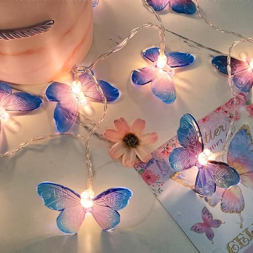 LED Schmetterling Lichterkette, Schmetterling Lichterketten Innen Batteriebetrieben, Deko Aesthetic Schmetterlinge LED Lichterkette Kinderzimmer für Balkon, Party, Hochzeit Deko (Lila, 3M 20LED) von FUFRE