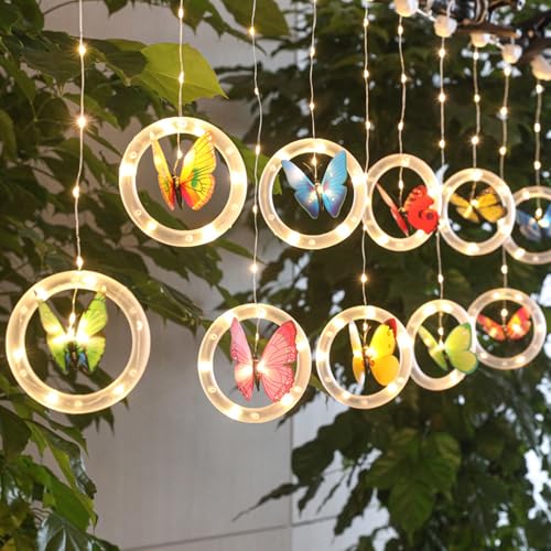 Lichtervorhang Innen, Deko Frühling Schmetterling Lichterketten Vorhang USB 120 LEDs Lichterkette Innen mit 10 Haken, Fensterdeko Hängend Lichterkette für Party Innen und Außen Deko Schlafzimmer von FUFRE