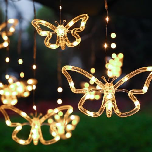 Schmetterling Lichtervorhang Innen, Frühlingsdeko Schmetterling Lichterketten Vorhang Solar 8 Modi 120 LEDs Lichterkette mit 10 Haken Fernbedienung Verstellbare Helligkeit für Innen und Außen Deko von FUFRE
