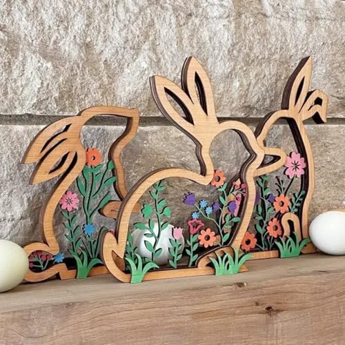 FUFRE Osterdeko Holz Osterhase mit Blumen, 3 Stück Modern Hasen Holzdeko zum Hinstellen, Osterhasen Figuren Osterdeko Tisch Hase Ornamente, Osterhasen Holz für Ostern Deko (A) von FUFRE