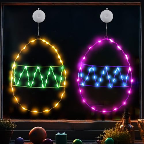 Osterdeko Lichterkette Ostereier, 2 Stück Ostern Deko Led Fenster Licht Batteriebetrieben, Osterlichterkette Ostereier zum Aufhängen mit Saugnäpfe, Hängend Fenstedeko Lichtkranz für Osterdeko Outdoor von FUFRE