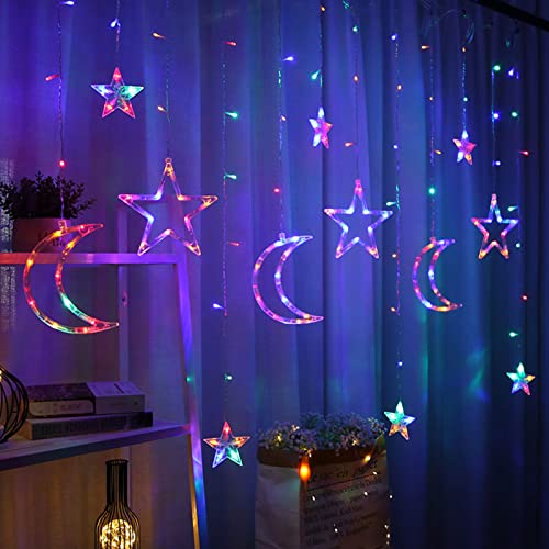 Ramadan Deko Lichterkette 3,5M LED Mond Sterne Lichterkette Lichtervorhang Eid Mubarak Dekoration Ramadan Sterne Mond Fenstervorhang mit 2 Lichtmodi, USB/Batterie, Ramadan Dekoration (Buntes Licht) von FUFRE