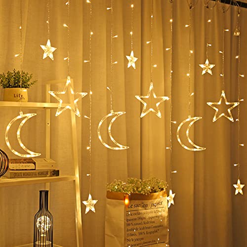 Ramadan Deko Lichterkette 3,5M LED Mond Sterne Lichterkette Lichtervorhang Eid Mubarak Dekoration Ramadan Sterne Mond Fenstervorhang mit 2 Lichtmodi, USB/Batterie, Ramadan Dekoration (Warmes Licht) von FUFRE