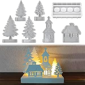 Silikonformen Gießformen Häuser, 7 Stück Silikonform Haus Weihnachten Baum mit Sockel, Giessformen Silikon Kerzenhalter, Gießform Kerzenständer, Gipsformen Zum Gießen für Gips DIY Handwerk (A) von FUFRE