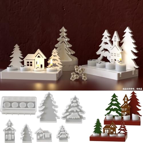 Silikonformen Gießformen Weihnachten Häuser, 7 Stück Silikonform Haus Weihnachtsbaum mit Sockel, Giessformen Silikon Kerzenhalter, Gipsformen Zum Gießen für Kerzenständer Gips DIY Handwerk (A) von FUFRE