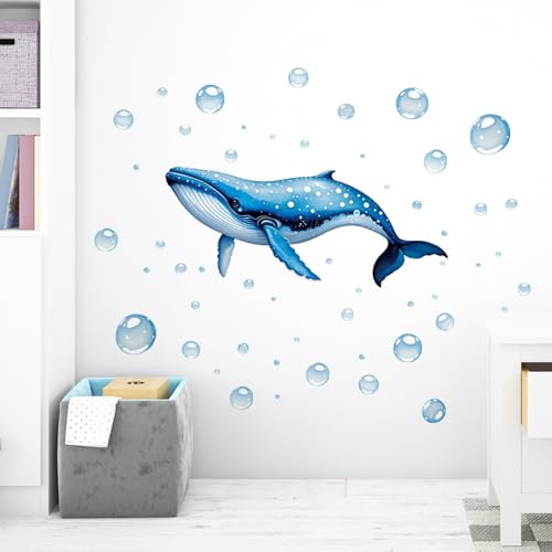 FUFUQUARE Blauwal Wandaufkleber Aquarell unter dem Meer Blase Wandtattoo PVC Kleber Ablösbar für Kinderzimmer Badezimmer Schlafzimmer Wohnzimmer von FUFUQUARE
