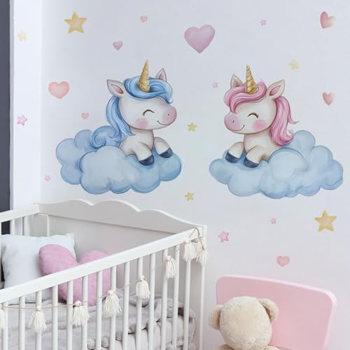FUFUQUARE Cartoon Einhorn Wandaufkleber Kinder Blau und Rosa Wolken Stern Wandtattoo Abnehmbares Abziehen und Stick für Mädchen Kinderzimmer Schlafzimmer Wohnzimmer Kunst Heimdekoration von FUFUQUARE