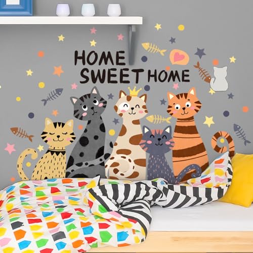 FUFUQUARE Cartoon Katze Wandaufkleber SWEET HOME Abnehmbare PVC Wandkunst Aufkleber Peel and Stick Dekor für Kinder Kinderzimmer Schlafzimmer Wohnzimmer von FUFUQUARE