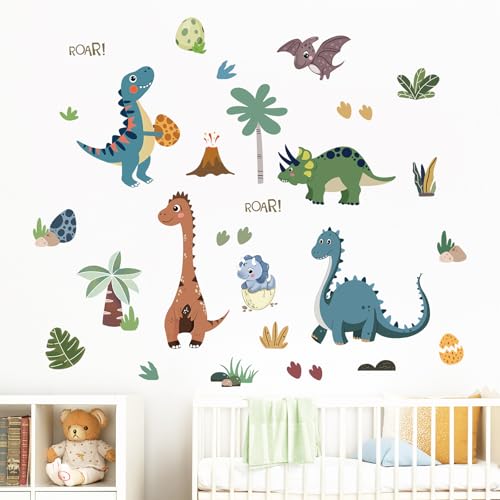 FUFUQUARE Dinosaurier Wandaufkleber Blau Grün Dino Fußabdruck Eier Palme Wandtattoo DIY für Kinderzimmer Kinder Schlafzimmer Spielzimmer Wohnzimmer Wohnzimmer von FUFUQUARE