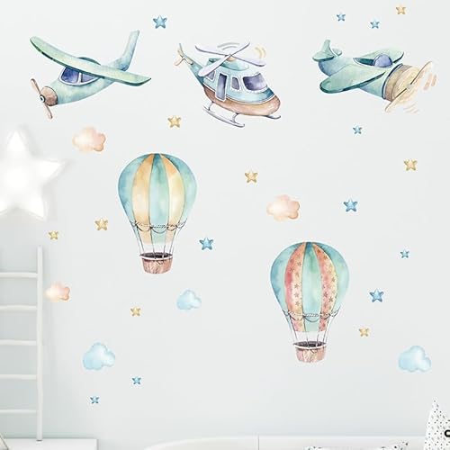 Fufuquare Cartoon Farbenfroher Flugzeug Heißluftballon Wandtattoo Wolke Stern Entfernbare Vinyl Wandaufkleber für Kinderzimmer Kinder Betreuungszimmer Klassenzimmer von FUFUQUARE