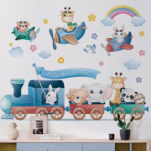 Fufuquare Hübsche Cartoon Tiere Reisejournal Wandtattoo Flugzeug Zug Regenbogen Selbstklebende Wandaufkleber für Kinderzimmer Kinder Betreuungszimmer Klassenzimmer von FUFUQUARE
