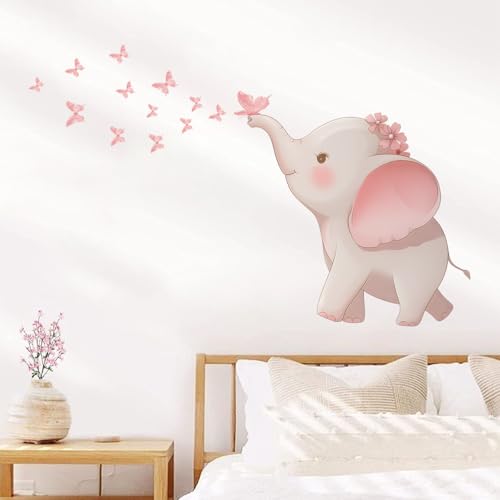 Fufuquare Hübscher Rosa Cartoon Elefant Schmetterling Wandtattoo Tierisches Selbstklebendes Entfernbares Wandaufkleber für Kinderzimmer Kinder Betreuungszimmer Klassenzimmer von FUFUQUARE