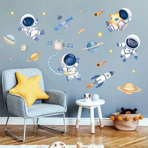 fufuquare Karikatur Weltraum Thema Wandaufkleber mit Astronaut und Planet, Abziehen und Aufkleben DIY Wandtattoo für Jungen und Mädchen Schlafzimmer, Kinderzimmer, Spielzimmer von FUFUQUARE