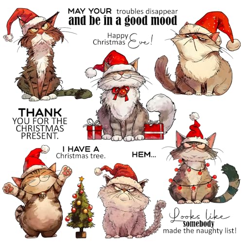FUGUT Transparente Stempel und Metall-Stanzformen-Set für Kartenherstellung, DIY, Weihnachten, Scrapbooking, Zubehör, Silikon-Stempel, Messer-Form für Alben, Basteln (Weihnachtsmütze, Katzen, 20 x 15 von FUGUT