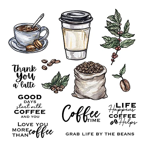 FUGUT Transparente Stempel und Metall-Stanzformen-Set mit Kaffee-Motiv, für Kartenherstellung, DIY, Scrapbooking, Zubehör, Silikon-Stempelmesser, Form für Alben, Basteln (Life Coffee, 18 x 13 cm) von FUGUT