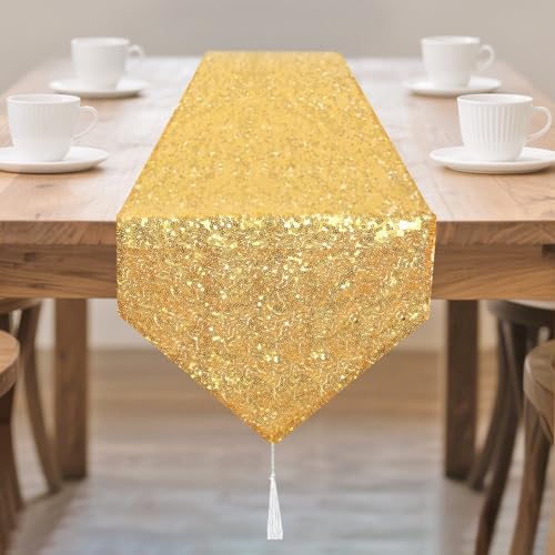 FUHSY Goldener Pailletten-Tischläufer mit Quaste, 30 x 180 cm, glänzender runder Paillettenstoff für den Tisch, eleganter glitzernder Tischläufer für Geburtstag, Party, Hochzeit, Bankett, Empfang von FUHSY