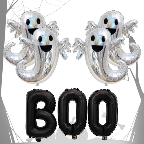 FUIPVGI 5 Stück Boo-Geister-Luftballons Halloween Party Deko Luftballons geister deko Luftballons BOO Set Halloween Folienballon Gespenst Geister Halloween Party Dekoration Zubehör (Schwarz, Weiß) von FUIPVGI