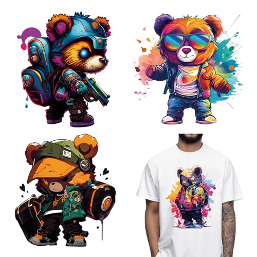 4 Bögen Bär Bügelbilder Patches Aufkleber für Kleidung Designs Cool Bear Iron on Patches Decals DIY Cartoon Tier Graffiti Heat Vinyl Transfer Aufkleber für T-Shirts Tasche DIY Handwerk Dekorativ von FUKIDOG
