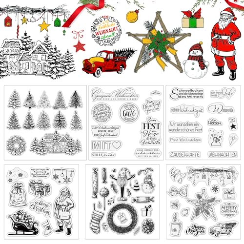 6 Blätter Stempel Weihnachten Deutsch, FUKPO Frohe Stempel Weihnachten Silikon Clear Stamps Weihnachten Stempelset, Transparente Weihnachtsstempel Set Silikonstempel Winter DIY Scrapbooking Fotoalbum von FUKPO