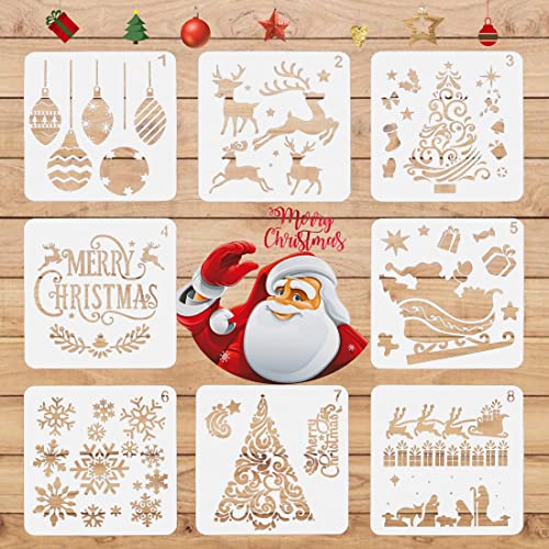 8 Stück Schablone Weihnachten Set, FUKPO Zeichenschablonen Malschablonen aus Kunststoff, Stencil Schablonen Wiederverwendbar Plastik Vorlage für Fenster Scrapbooking Kinder DIY Geschenkkarten von FUKPO