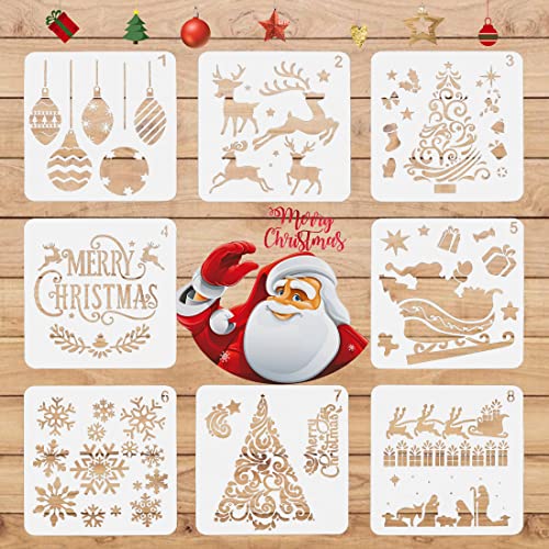 8 Stück Schablone Weihnachten Set, FUKPO Zeichenschablonen Malschablonen aus Kunststoff, Stencil Schablonen Wiederverwendbar Plastik Vorlage für Fenster Scrapbooking Kinder DIY Geschenkkarten von FUKPO
