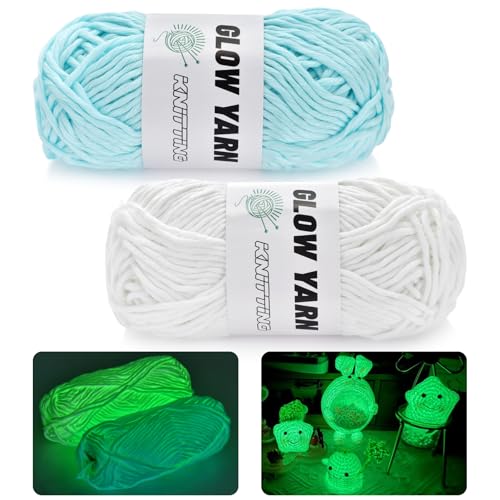 2 Rollen Garn zum Häkeln, leuchtet im Dunkeln, Garn zum Häkeln, 45 m pro Rolle für Bastelarbeiten, Stricken, Häkeln und Basteln, Häkelset für Anfänger, Weihnachten, Halloween-Dekorationen (weiß + blau 2 Rollen Garn zum Häkeln, leuchtet im Dunkeln, Garn zum Häkeln, 45 m pro Rolle für Bastelarbeiten, Stricken, Häkeln und Basteln, Häkelset für Anfänger, Weihnachten, Halloween-Dekorationen (weiß + blau von FULLIKES