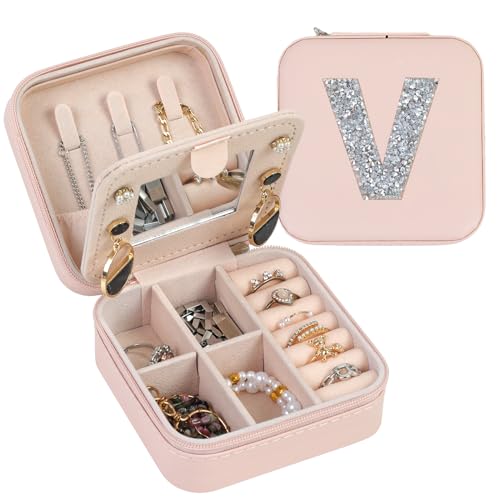 FUNARTY Reise-Schmuckschatulle, personalisierbar, kleine Schmuckkästchen, rosa Schmuck-Organizer, Reiseutensilien, Geburtstagsgeschenke für Frauen, Teenager, Mädchen, weibliche Freunde, Brautjungfern von FUNARTY