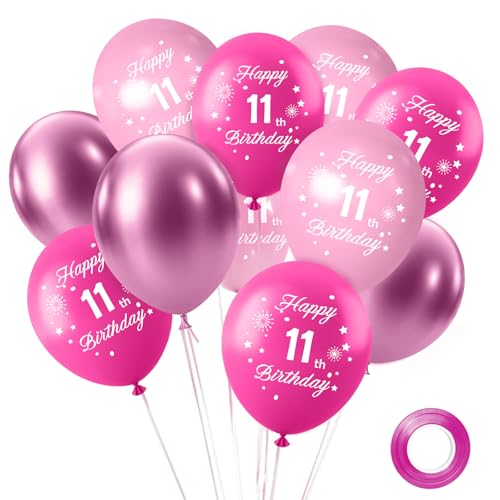 11.Geburtstag Luftballons,15 Stück Hot Pink und Metallic Pink Balloon für Mädchen,Happy Birthday Ballons, Konfetti Luftballons für Birthday Party Jubiläum Partydeko von FUNCANDLE