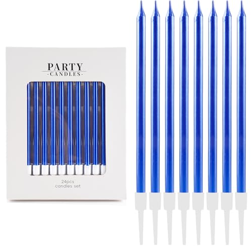 24 Stück Königsblaue Geburtstagskerzen,Party-Kerzen für Kuchen,Blaue lange dünne Kuchenkerzen für Mädchen, Jungen, Männer, Frauen, Geburtstagsdekorationen von FUNCANDLE