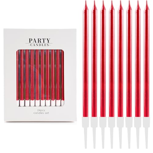 24 Stück Rote Geburtstagskerzen,Happy Birthday-Kerzen, Party-Kerzen, Kuchendekorationen, lange dünne Kerzen, Cupcake-Kerzen für Mädchen, Frauen, Geburtstag von FUNCANDLE