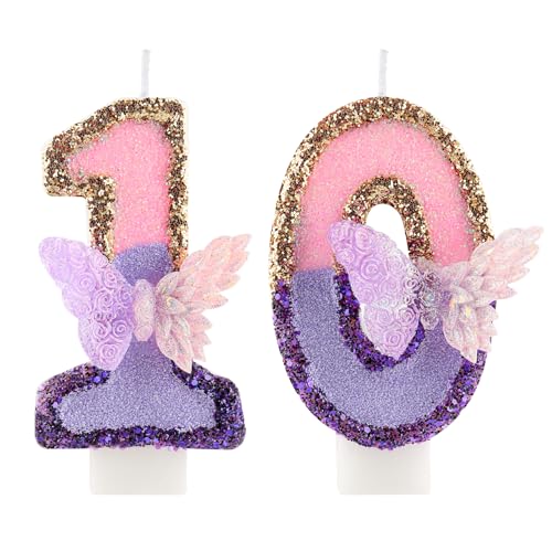 3D Schmetterling Geburtstag Purpur Nummer 10 Kerzen, Purpur Gold Schmetterling Kerzen für Cupcake Topper, Mädchen 100 Geburtstg Kerze Kuchen Topper Dekorationen 3D Schmetterling Geburtstag Purpur Nummer 10 Kerzen, Purpur Gold Schmetterling Kerzen für Cupcake Topper, Mädchen 100 Geburtstg Kerze Kuchen Topper Dekorationen von FUNCANDLE